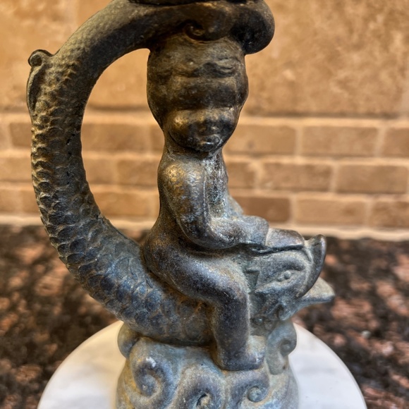 Vintage Whimsical Cherub on a Fish with Marble Base - Picture 3 of 9